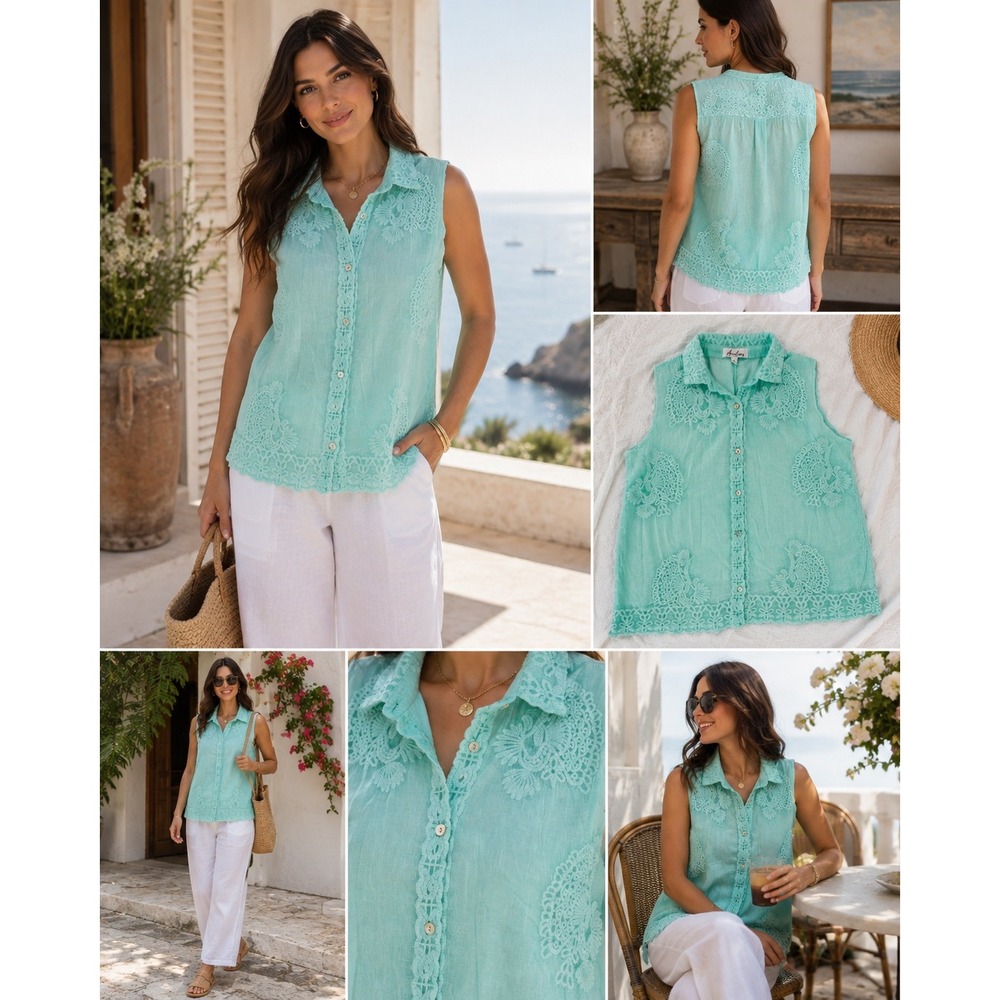 Anneliese Mint Green Embroidered Sleeveless Gauze Button Up Top Eyelet Lace L